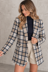 Karierter Long Blazer/ Kurz Mantel in Beige/Navy