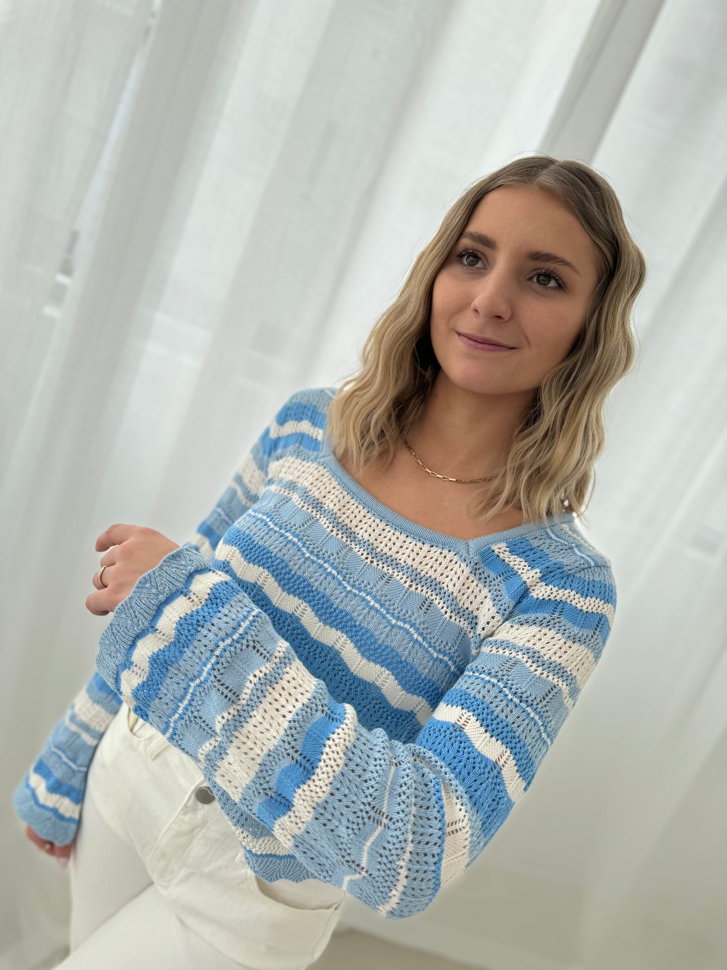 Sommer Strickpullover blau/weiß