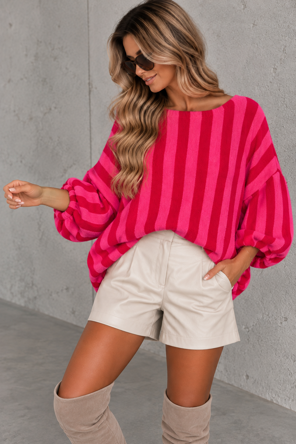 Oversize Strickpullover Stripes mit Alpakaanteil rot/pink