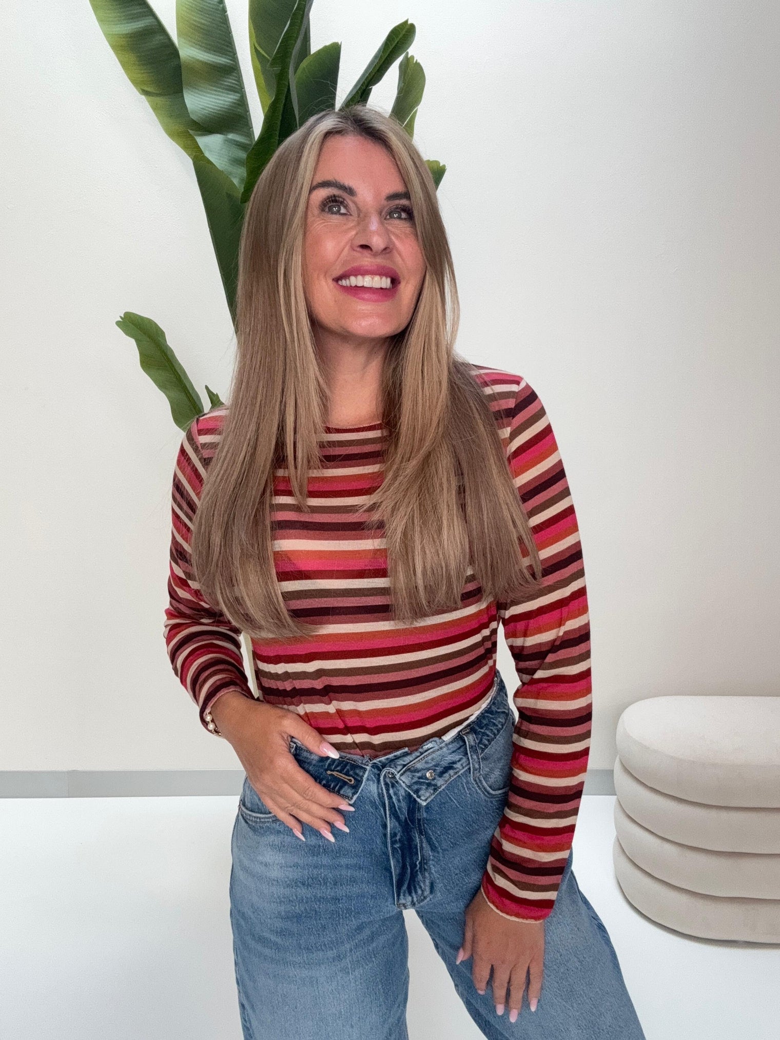 Comfy Stretchy Cashmere Langarmshirt pflaume/creme/pink/rost
