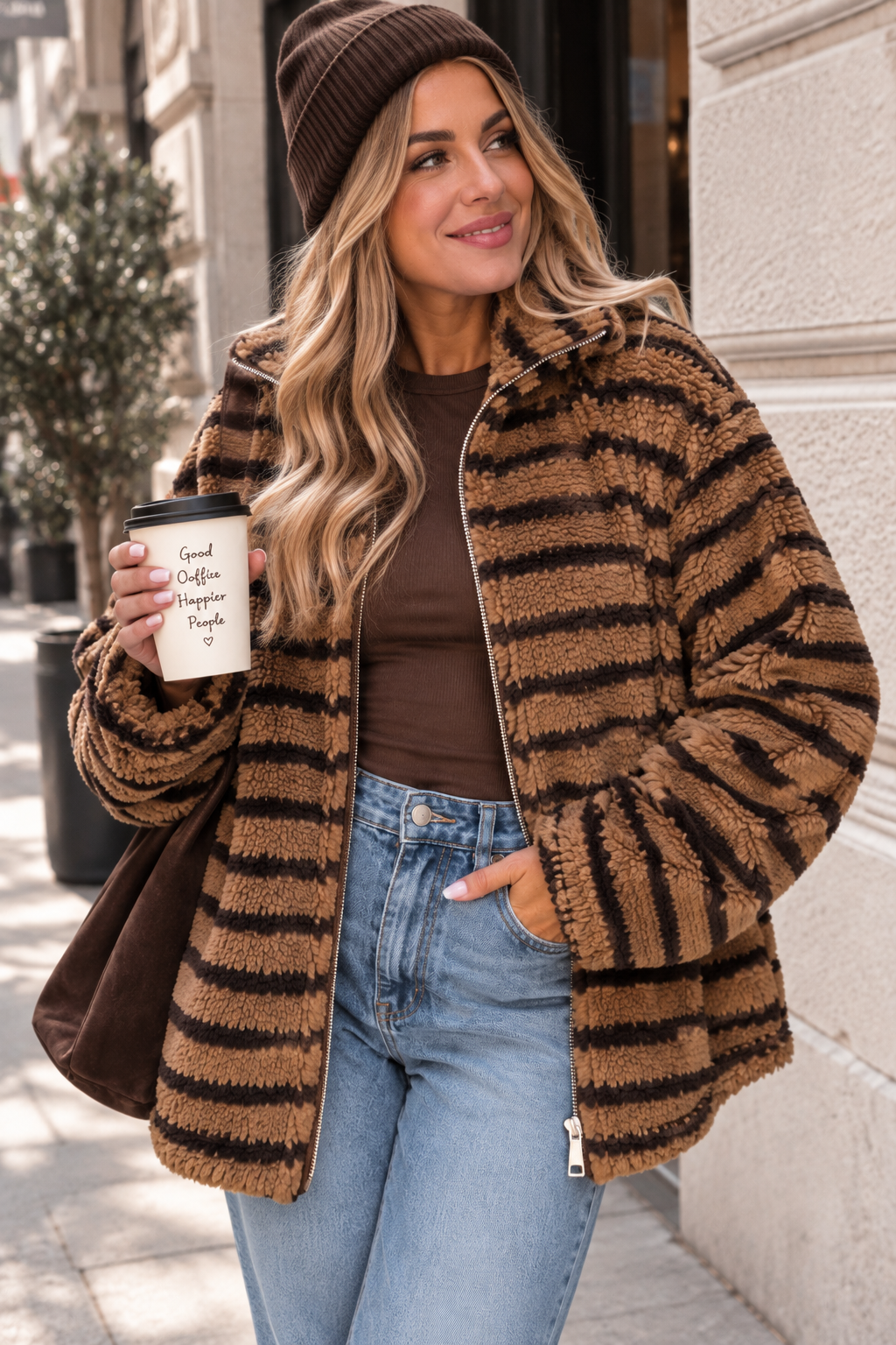 Teddy Jacke mit Reißverschluss toffee/dark chocolate gestreift