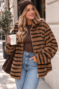 Teddy Jacke mit Reißverschluss toffee/dark chocolate gestreift