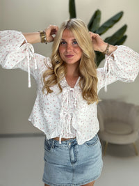 Musselin Bluse FLOWER KISS zum binden weiß/rosa