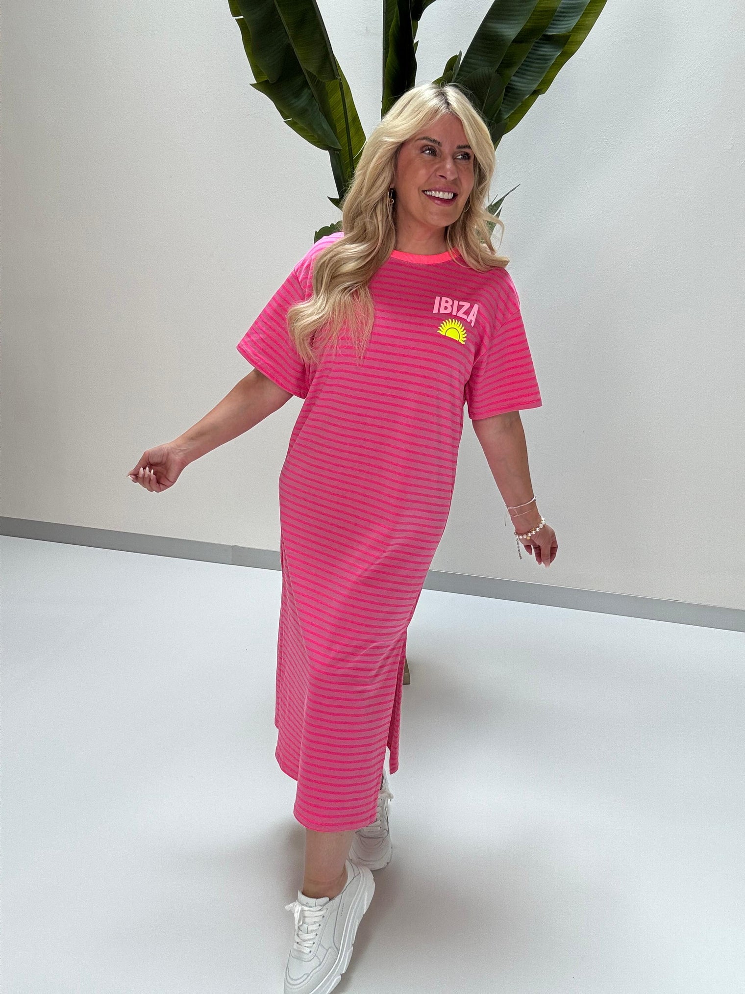 Shirt Kleid IBIZA mit seitlichen Schlitzen pink/fuchsia gestreift