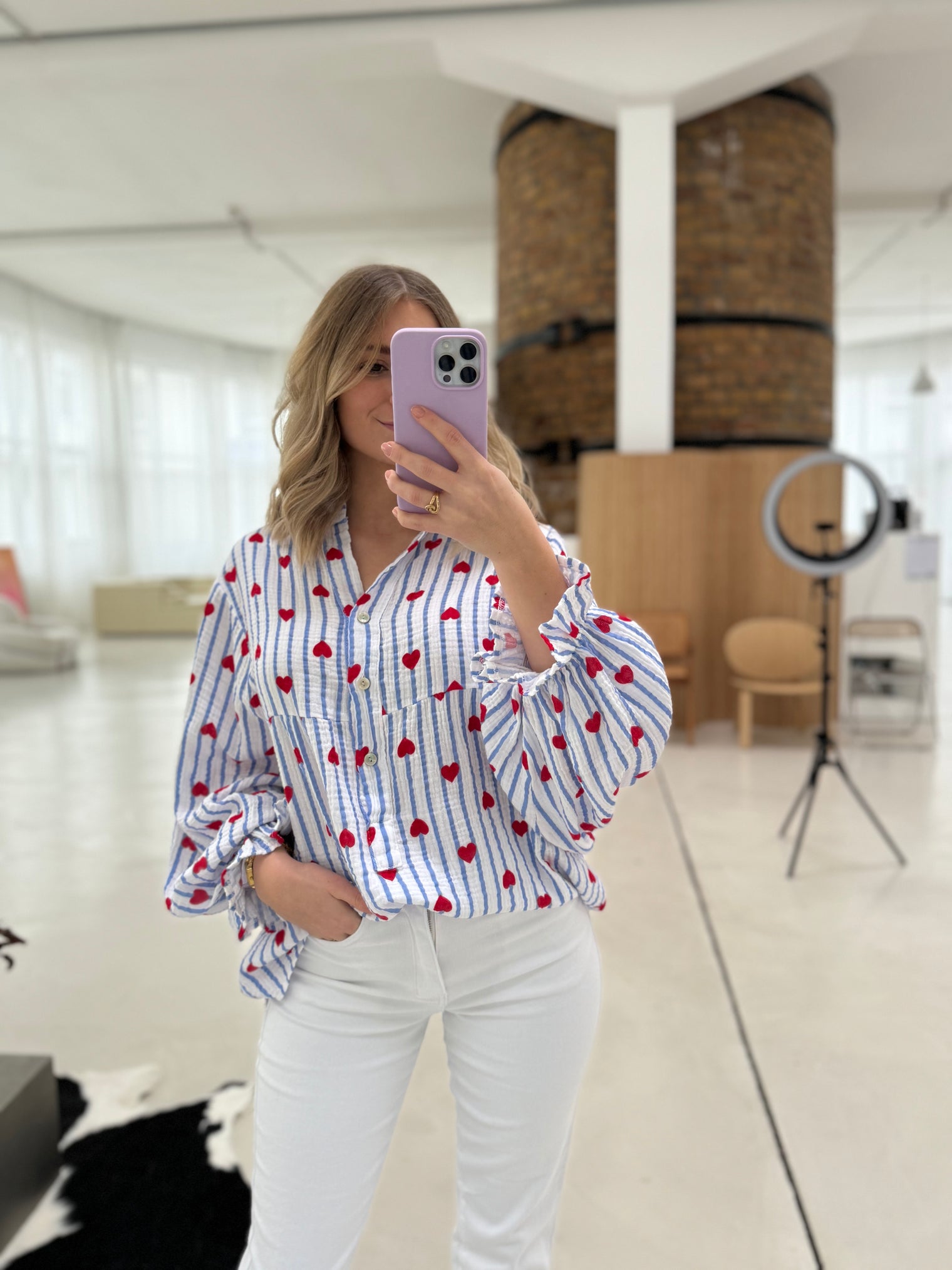 Musselin Bluse weiß HEART ATTACK hellblau
