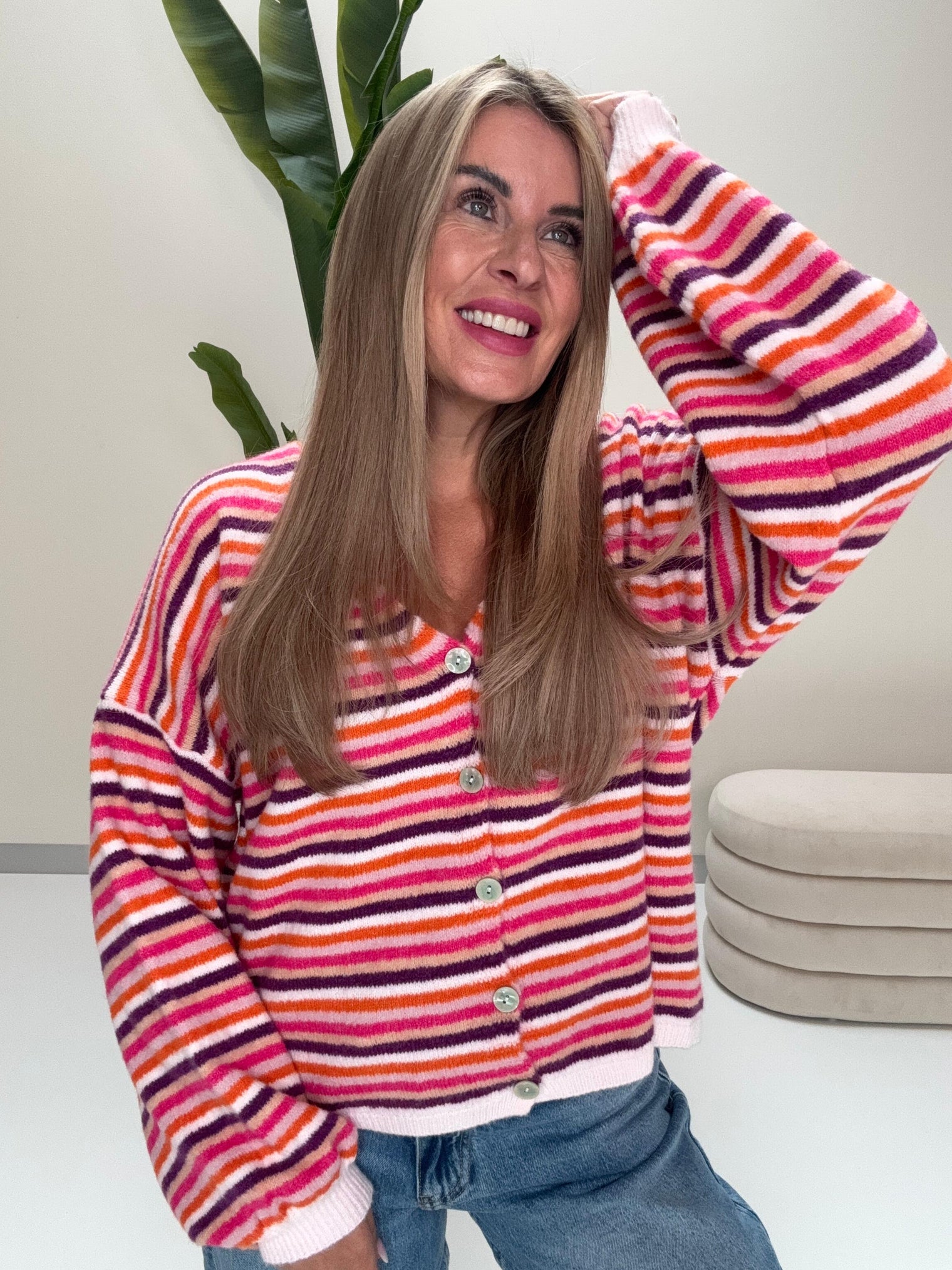 Kuschel Strickjacke mit Knopfleiste pink/orange/pflaume/apricot/weiß