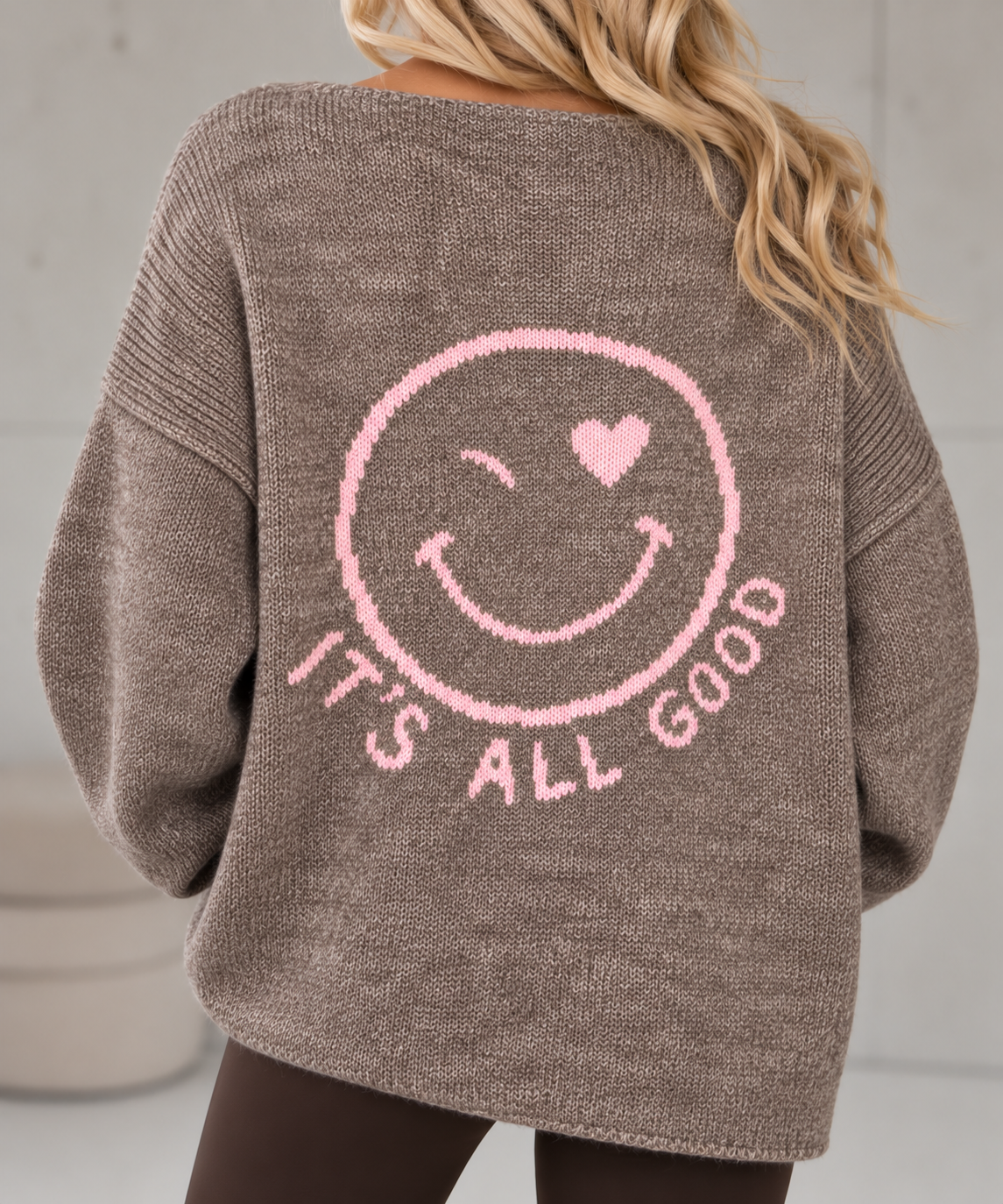 Oversize Strickpullover mit Smiley&Rückenprint taupe/rosa