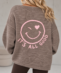 Oversize Strickpullover mit Smiley&Rückenprint taupe/rosa