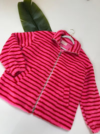 Teddy Jacke mit Reißverschluss pink/rot gestreift