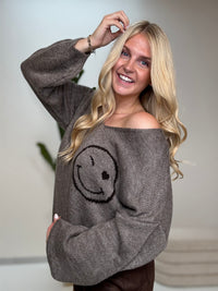 Oversize Strickpullover mit Smiley&Rückenprint taupe/dark chocolate