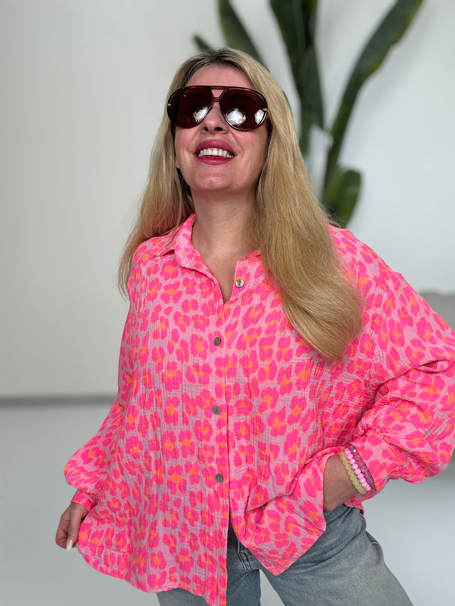 Musselin Bluse rosa LEO POWER hot rosa mit pink orange