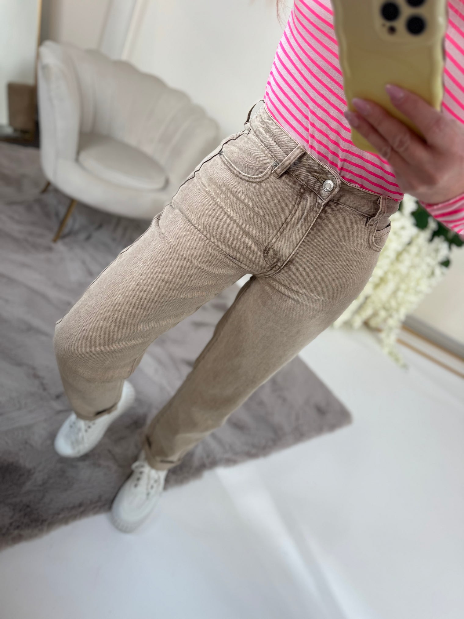 Mom Strech Jeans Sand WASHED BEIGE