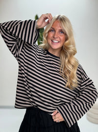 Longsleeve mit leicht ausgestelltem Ärmel STRIPES schwarz/taupe