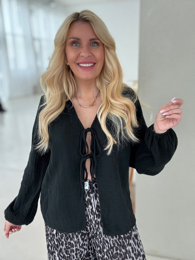 Musselin Bluse SCHWARZ mit Schleifchen