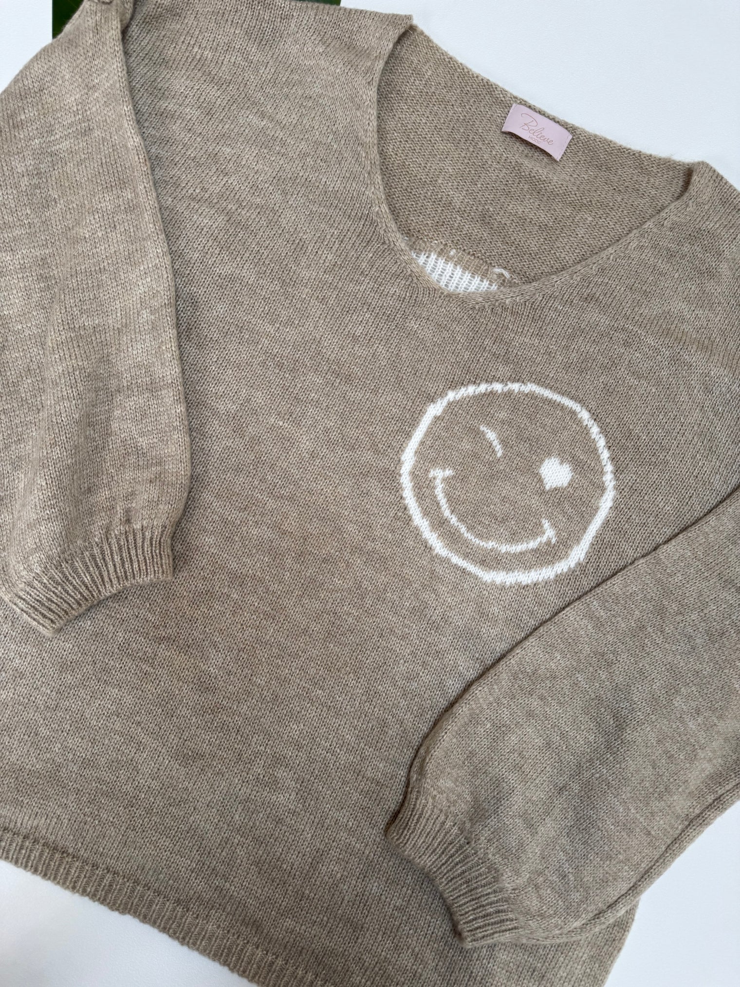 Oversize Strickpullover mit Smiley&Rückenprint beige/creme
