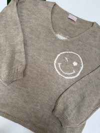 Oversize Strickpullover mit Smiley&Rückenprint beige/creme