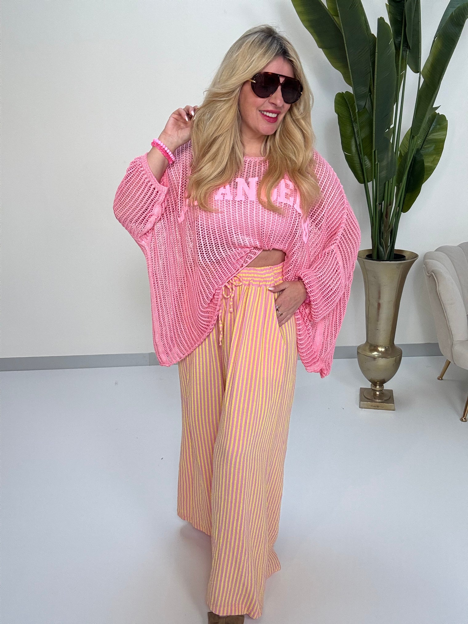 Musselin Hose Stripes POWER gelb rosa