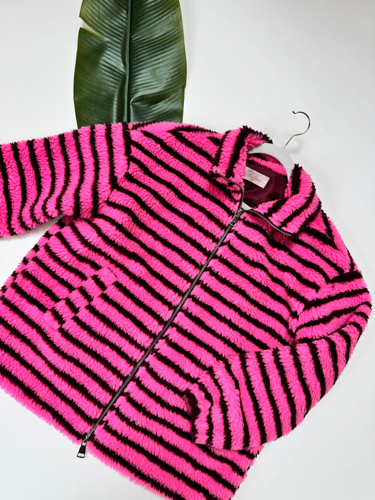 Teddy Jacke mit Reißverschluss pink/burgundy gestreift
