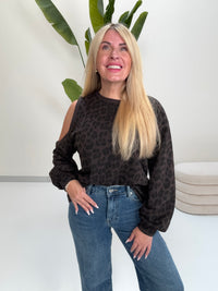 Sweater mit Cut-Out an der Schulter dark chocolate LEO POWER schwarz/taupe