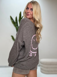 Oversize Strickpullover mit Smiley&Rückenprint taupe/rosa