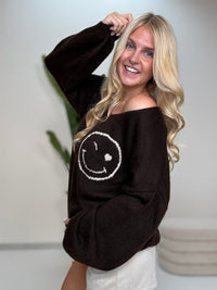 Oversize Strickpullover mit Smiley&Rückenprint dark chocolate/creme