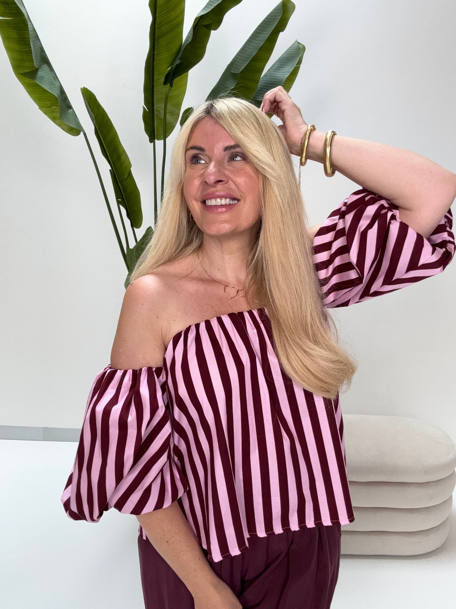 Carmen Bluse BLOCK STRIPES hellrosa/burgundy
