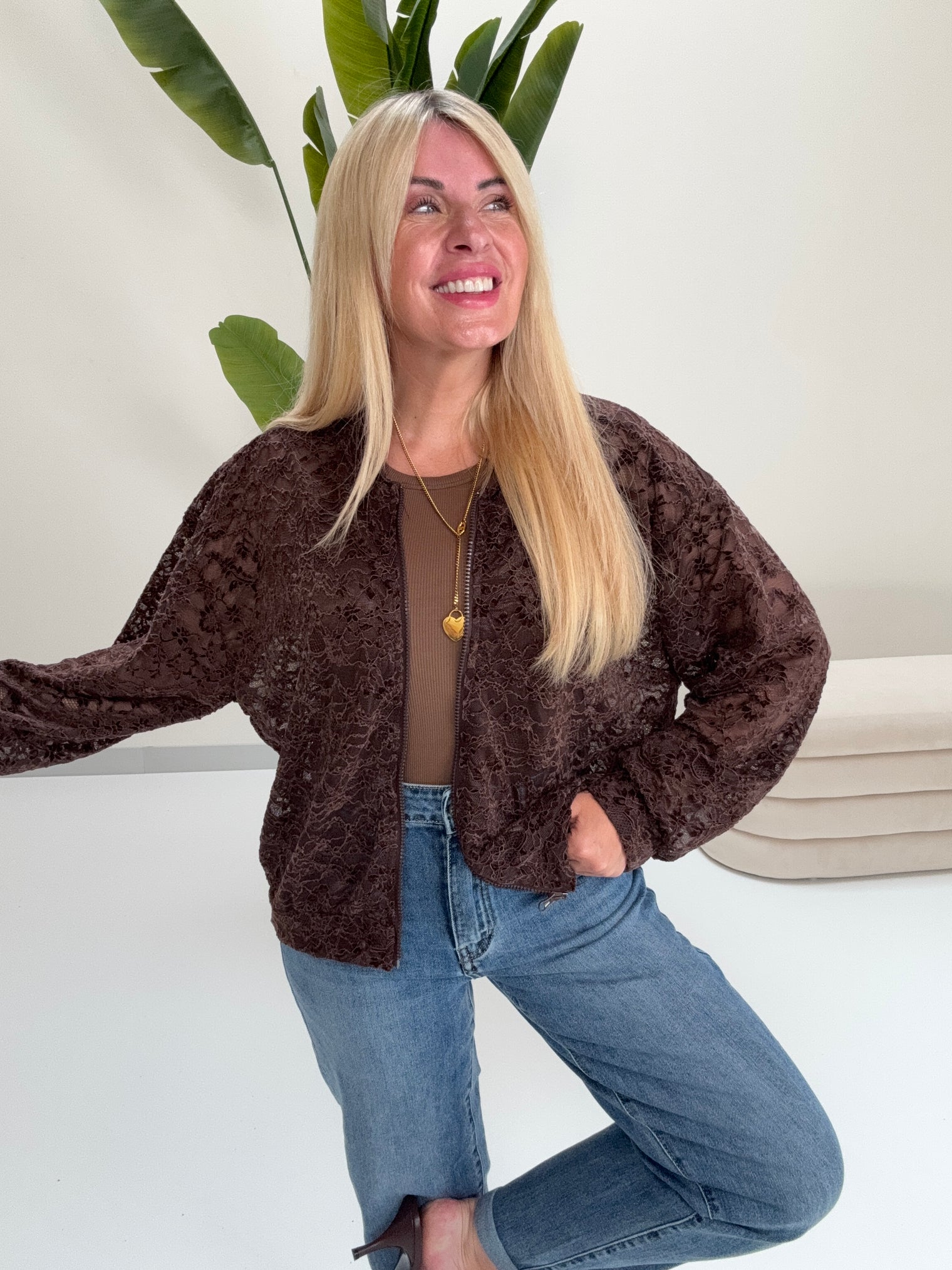 Blouson Spitzen Zipper Jacke LOME ME LACE chocolate