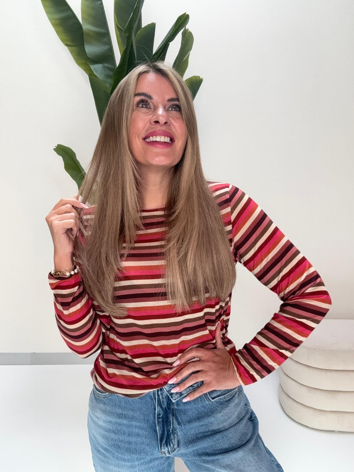Comfy Stretchy Cashmere Langarmshirt pflaume/creme/pink/rost