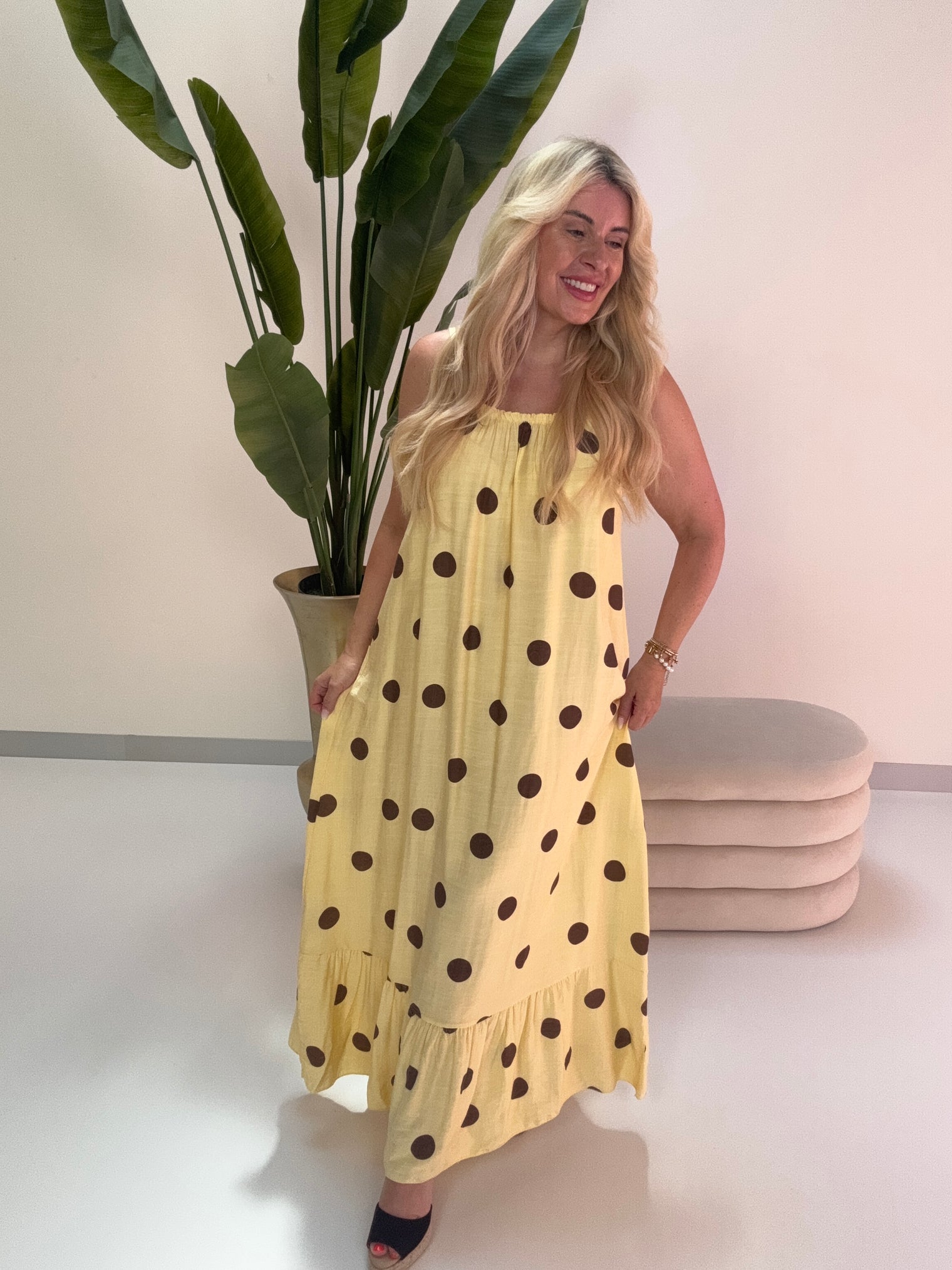 Luftiges Sommer Kleid BIG POLKA DOTS buttermilk lemon/coffee