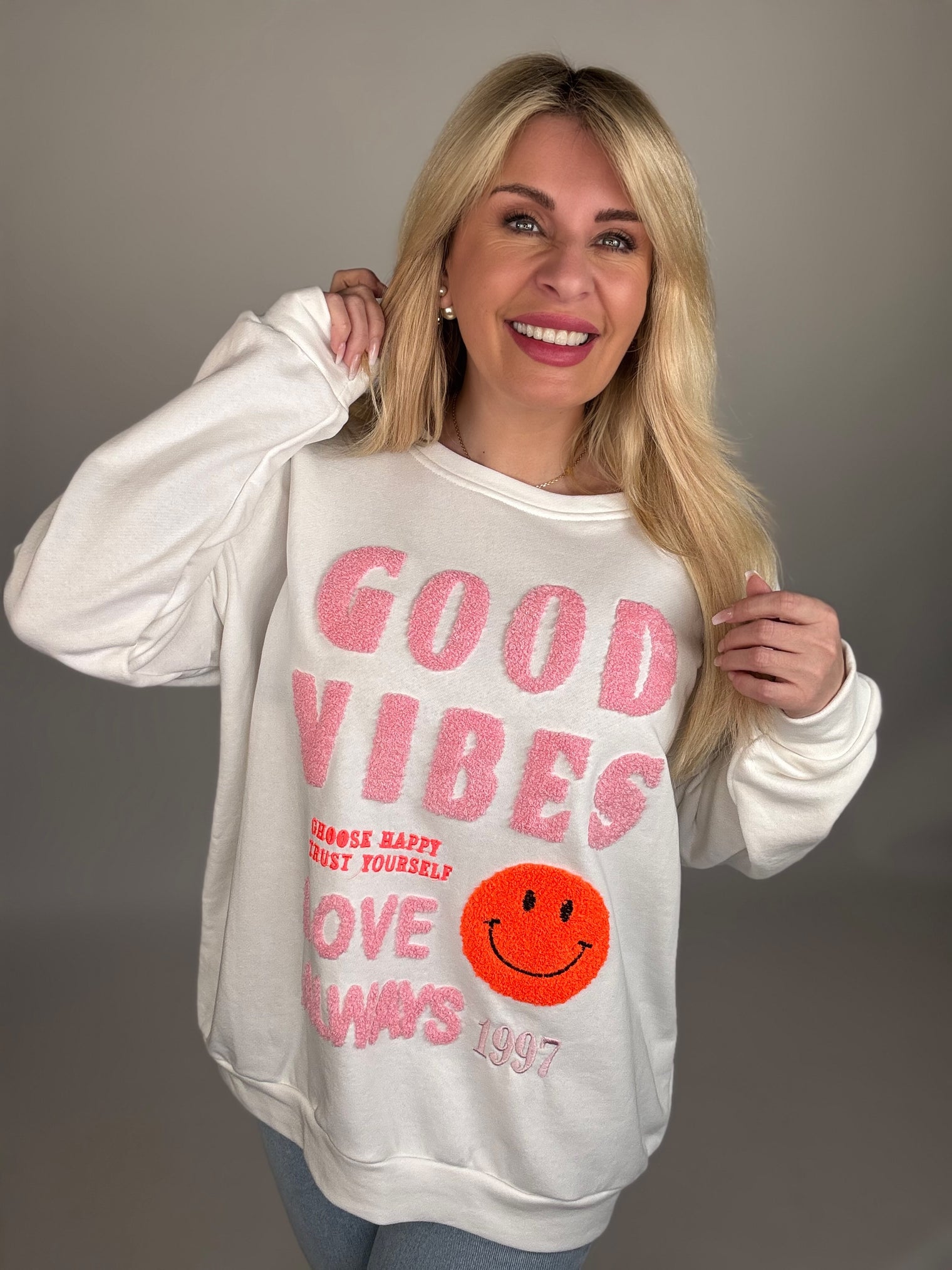 Sweat Shirt  Smily Stickrei happy mit Frotee