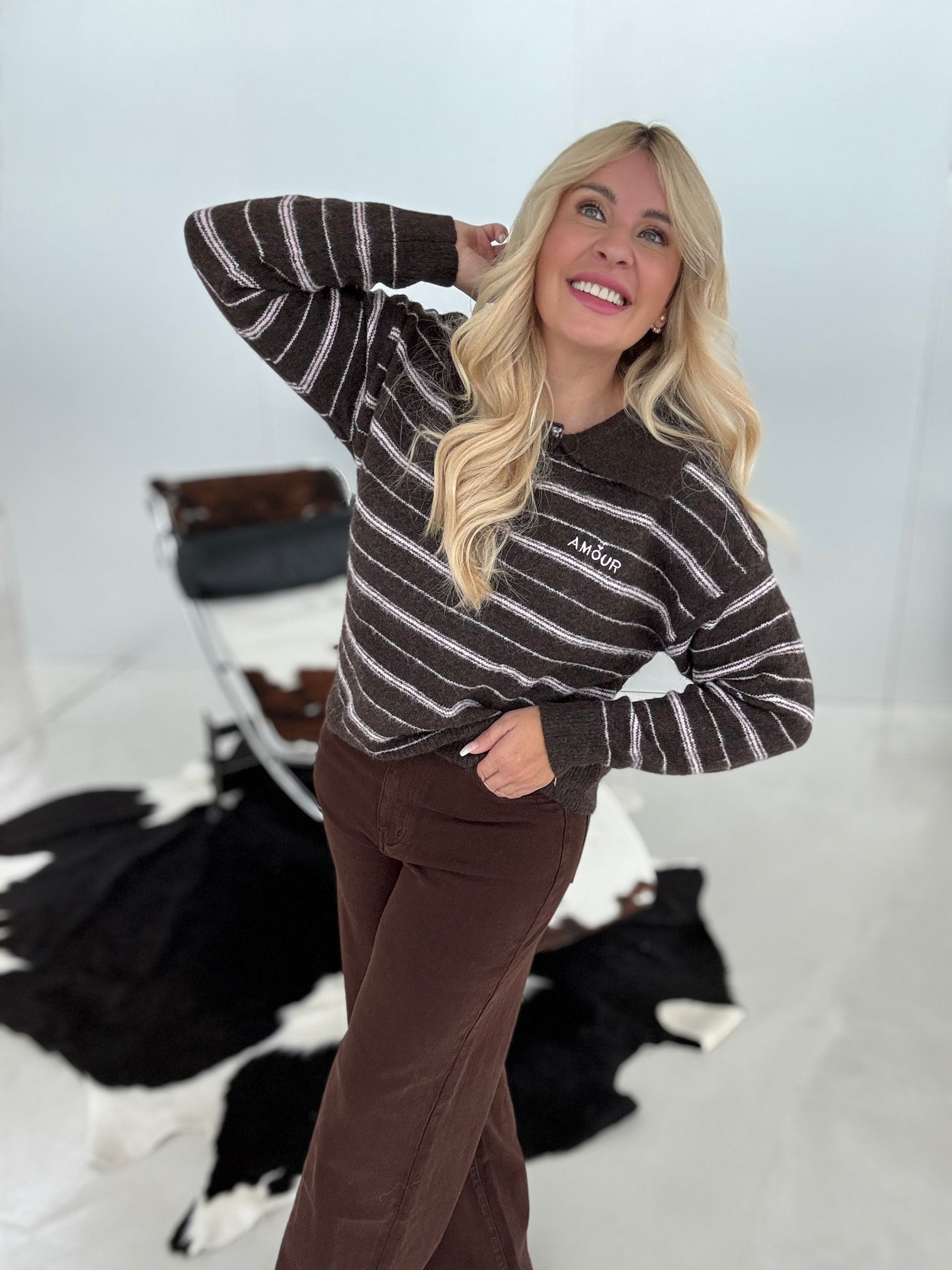 Strickpullover Polo coffee AMOUR pink