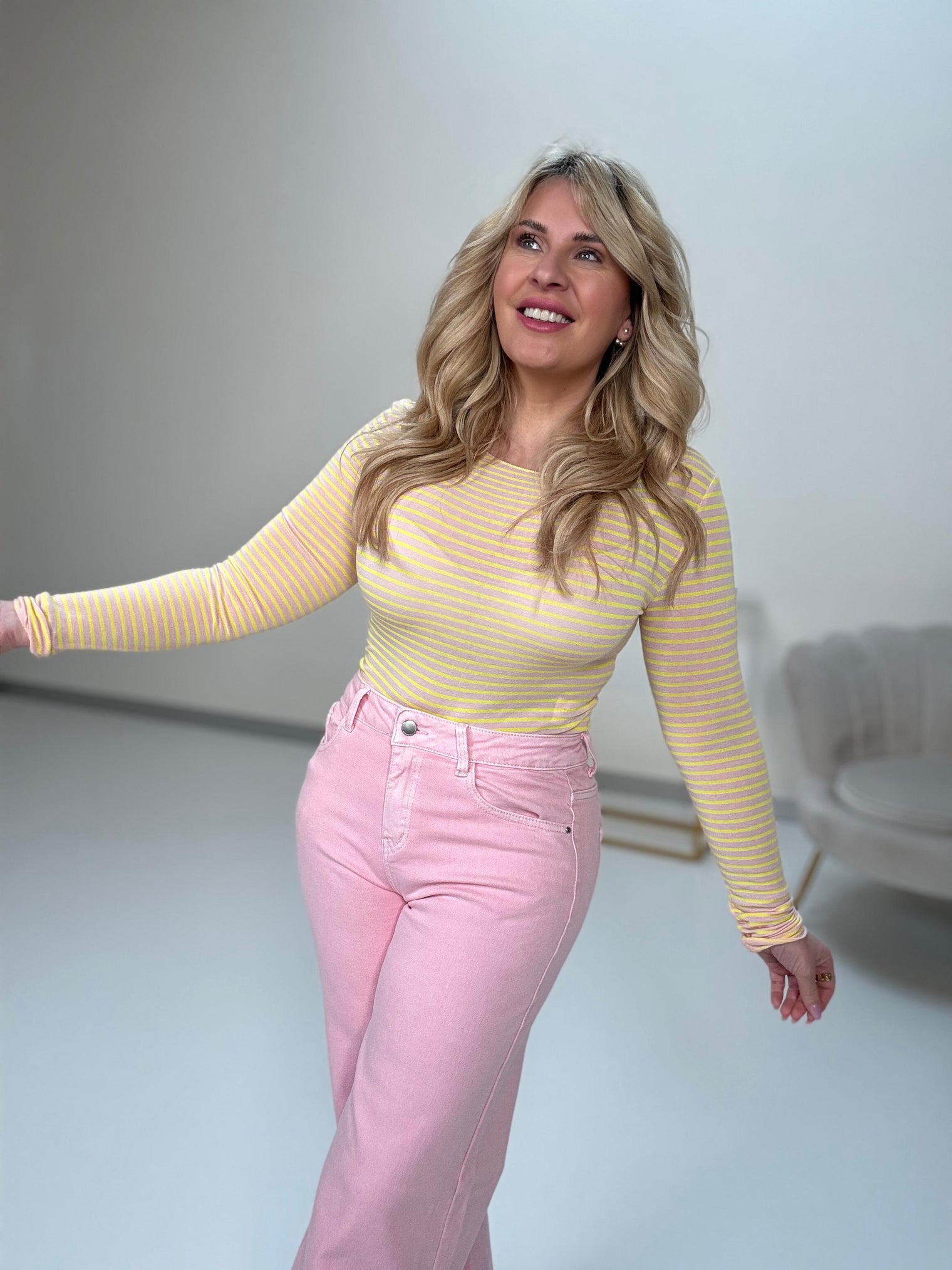 Stretchy Cashmere Langarmshirt SMALL STRIPES gelb/rosa