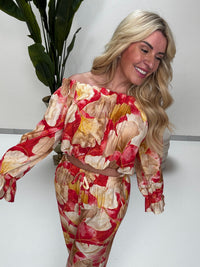 Carmen Bluse langarm FLORAL QUEEN rot/beige/creme