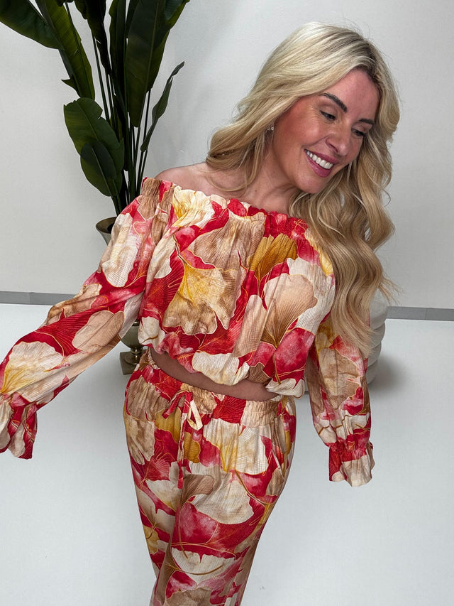 Carmen Bluse langarm FLORAL QUEEN rot/beige/creme