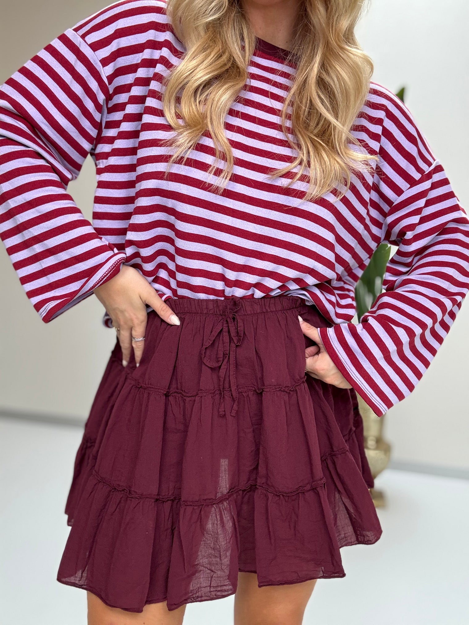Longsleeve mit leicht ausgestelltem Ärmel STRIPES burgundy/hellblau