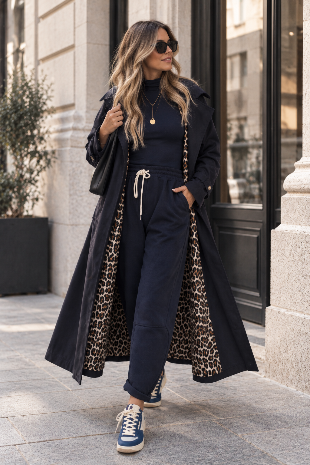 Velours Trenchcoat COZY KISS mit LEO Innenfutter mitternachtsblau