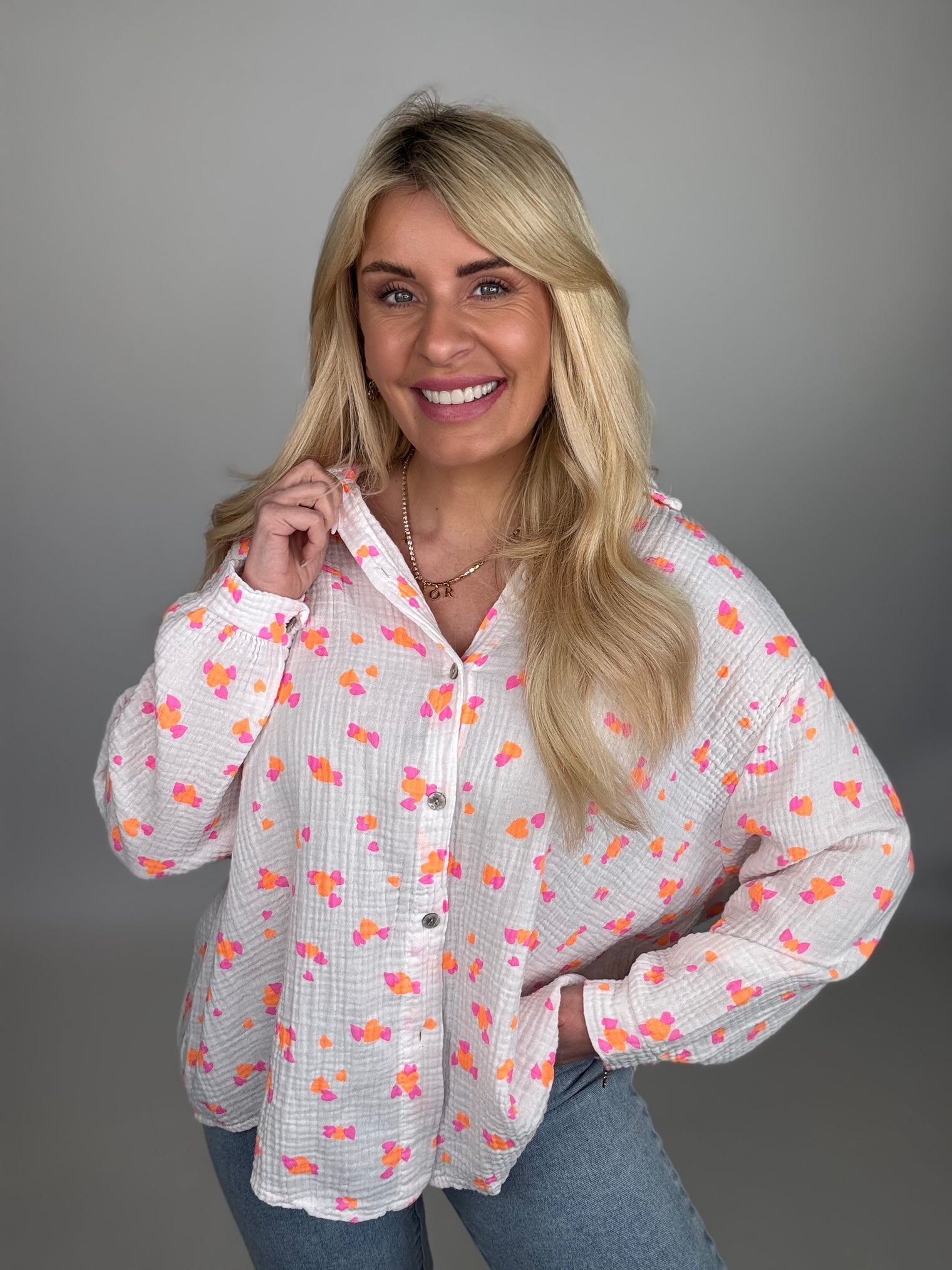 Musselin Bluse weiß LOVESTORY Herzen hot pink&orange