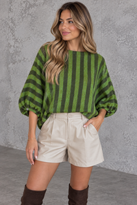 Oversize Strickpullover Stripes mit Alpakaanteil Olive/ Kaki