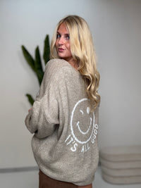 Oversize Strickpullover mit Smiley&Rückenprint beige/creme