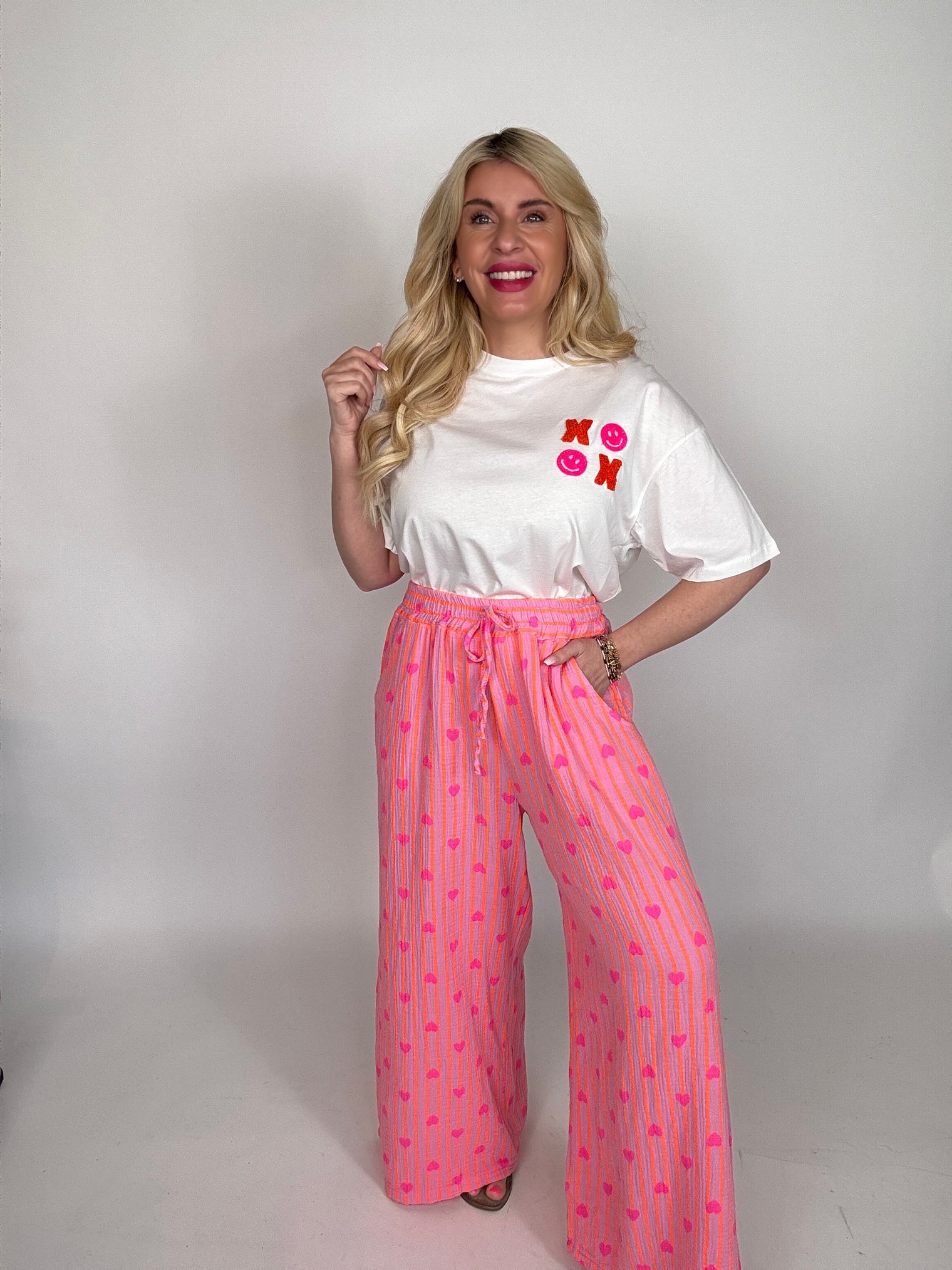 Stylische Musselin Hose rosa HEART ATTACK hot orange&Herzen pink