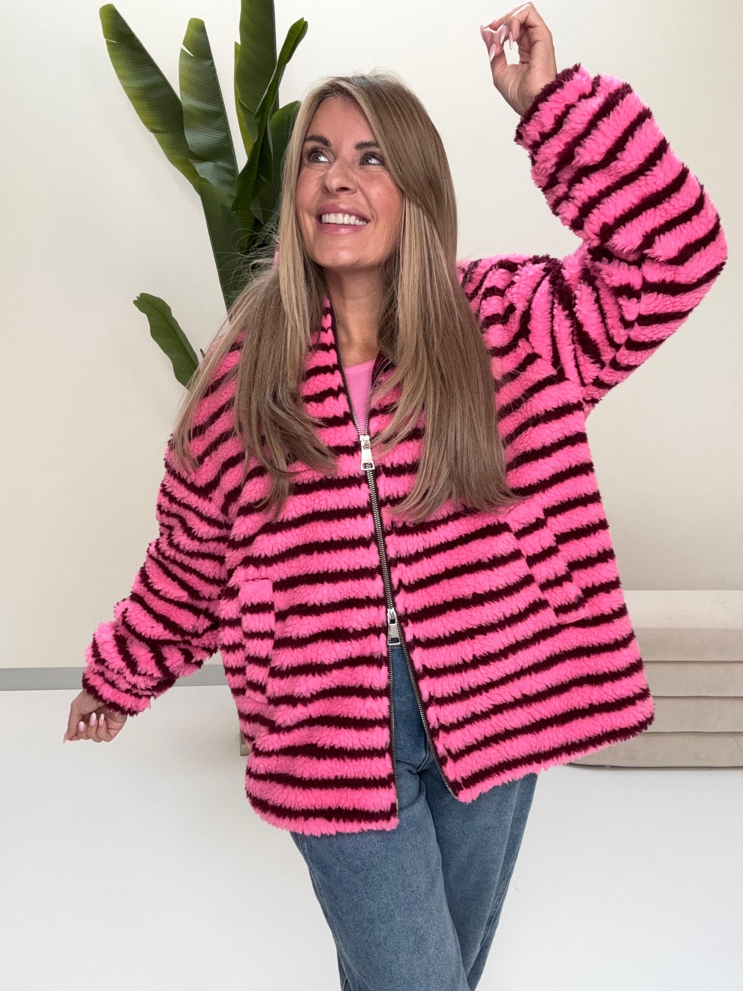 Teddy Jacke mit Reißverschluss pink/burgundy gestreift