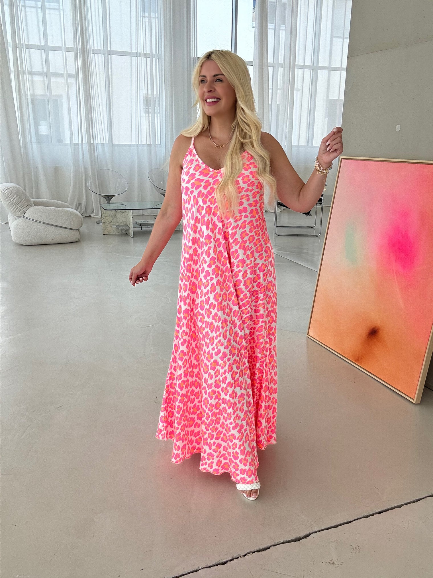 Spaghettiträger Kleid gelb LEO POWER pink&orange