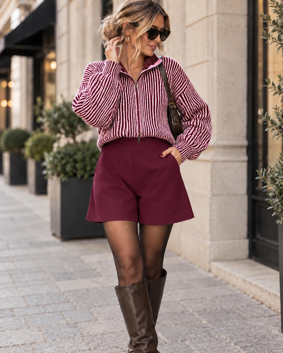 Strickjacke ZIPPER STRIPES burgundy/rosa