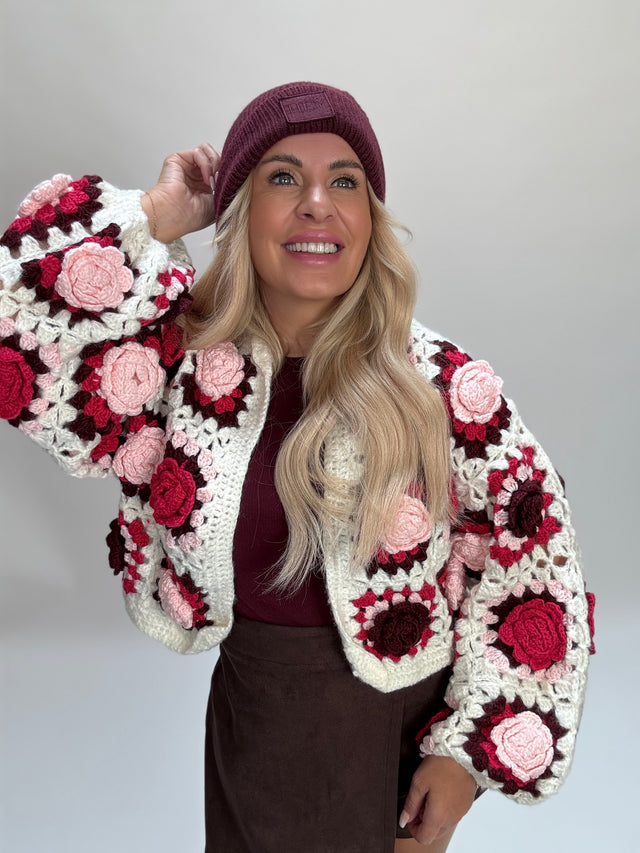 Strickjacke ROSES weiß/burgundy/rosa