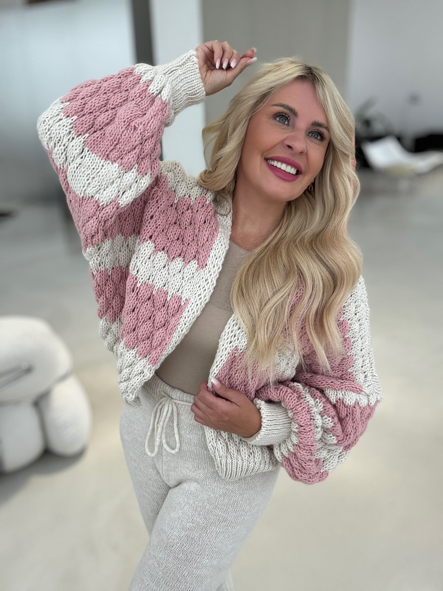 Häkelstrickjacke BALLERINA ROSA Streifen creme