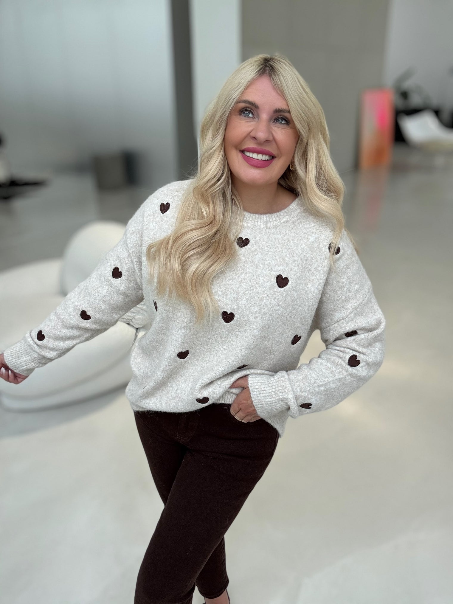 Strickpullover beige HEARTS coffee