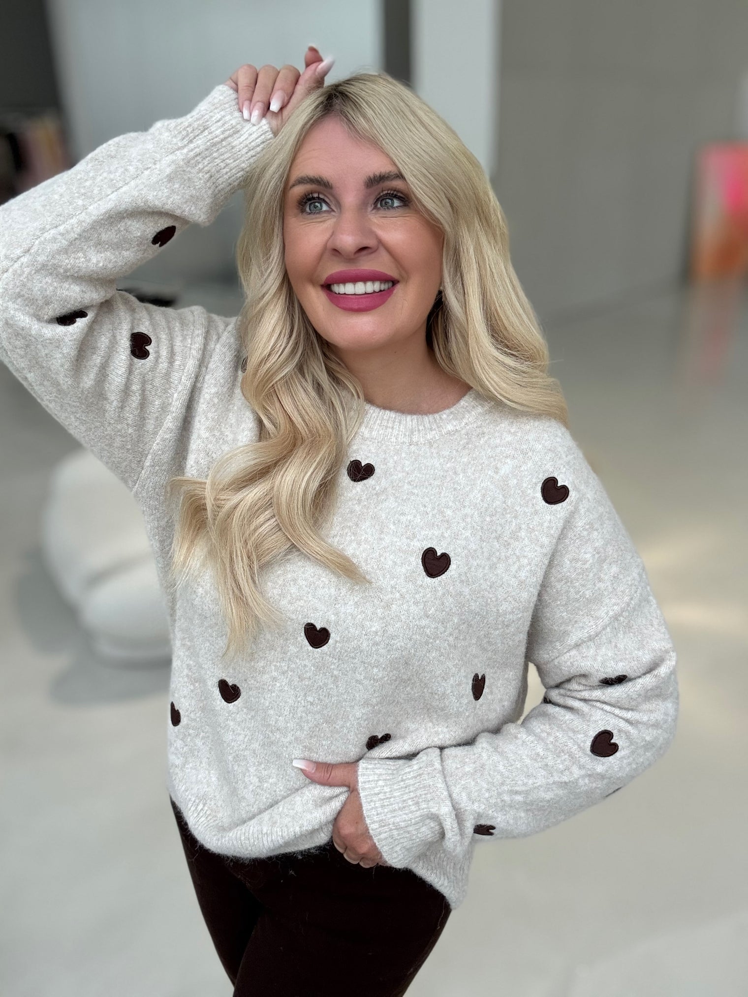 Strickpullover beige HEARTS coffee