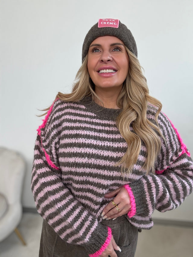 Kuschelweicher Strickpullover LITTLE STRIPES TaupexRosa