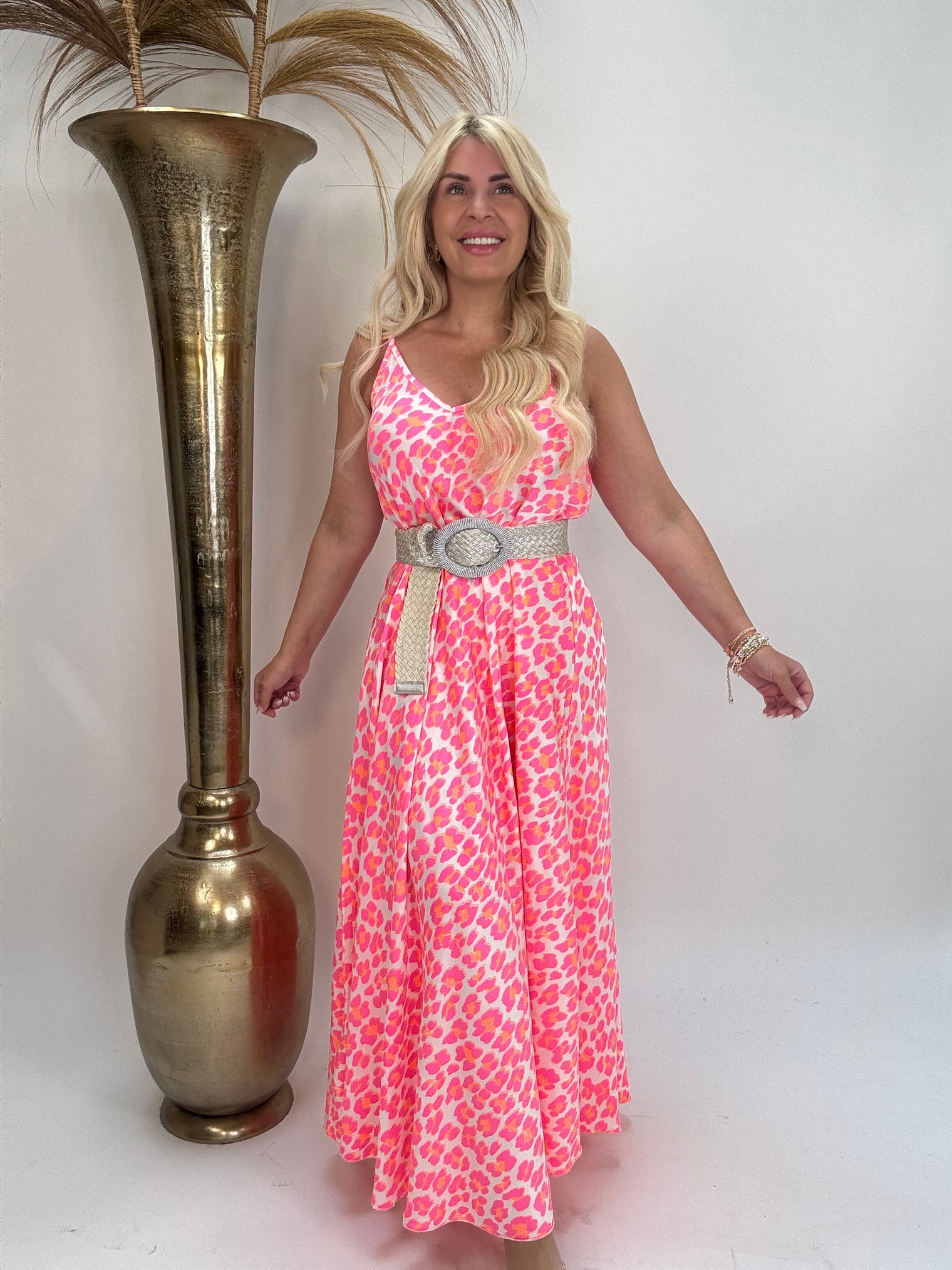 Spaghettiträger Kleid weiß LEO POWER hot pink/orange