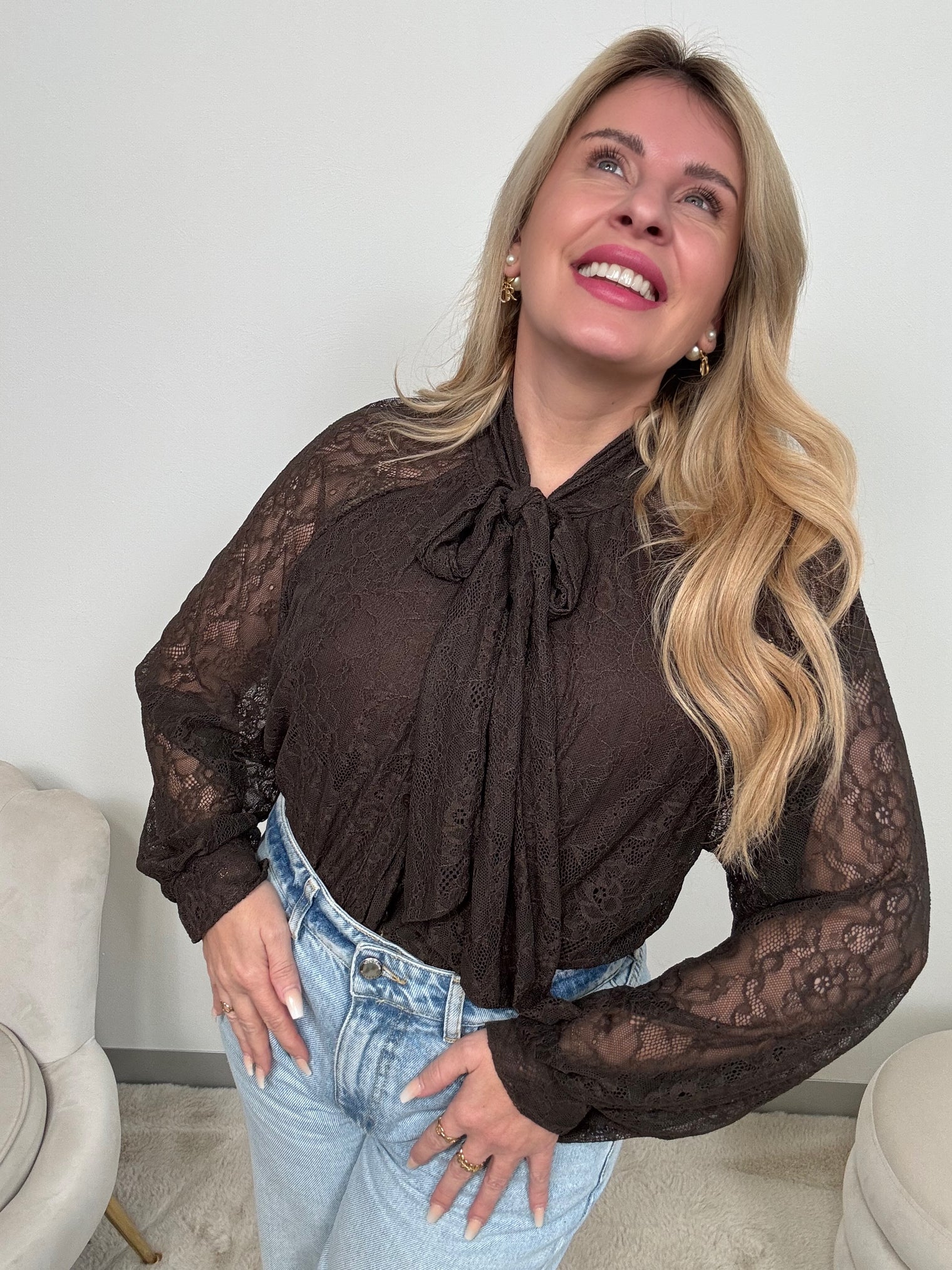 Schluppen Bluse mocha mousse LACE ELEGANCE